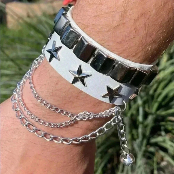 White Leather Punk Goth Rock Star Chain Metal Stud Snap Chain Cuff Bracelet NWT - Picture 1 of 5